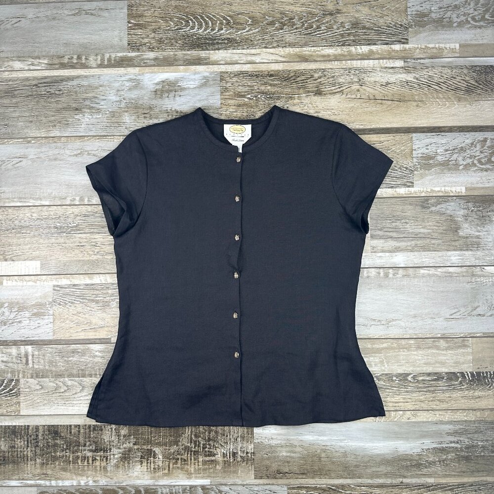 Womens size 2 Talbots Petites Iris Linen button up blouse black short sleeve